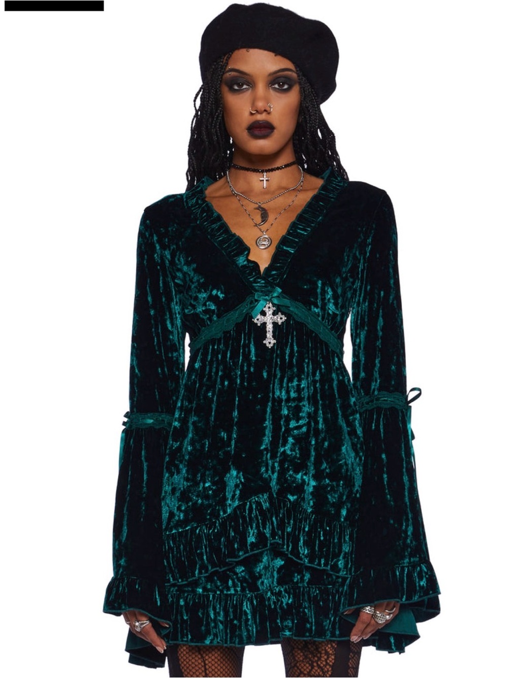 Real divinity Deep Forest Green Velvet Ruffle V-Neck Maxi Dress by Widow